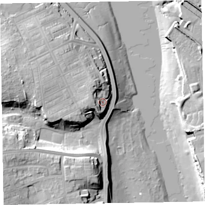 Shaded relief map of the ground around LA143QX, computed from Environment Agency LiDAR. The ground here sits at about 14 m above sea level and falls 23 m across the surrounding 800 m. Surface water reaching this point runs off ground lying to the west-south-west, 7.5 m higher.