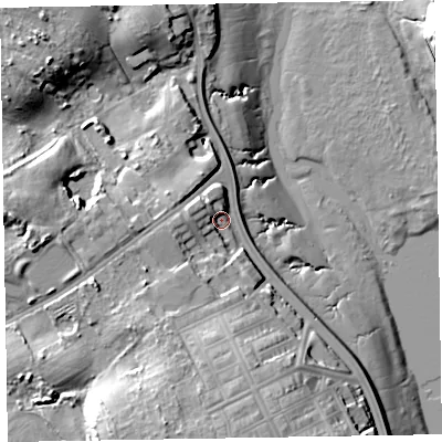 Shaded relief map of the ground around LA143RL, computed from Environment Agency LiDAR. The ground here sits at about 7 m above sea level and falls 21 m across the surrounding 800 m. Surface water reaching this point runs off ground lying to the south-south-west, 12.2 m higher.