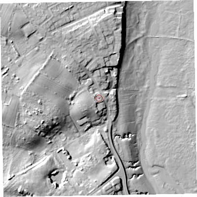 Shaded relief map of the ground around LA143RW, computed from Environment Agency LiDAR. The ground here sits at about 11 m above sea level and falls 21 m across the surrounding 800 m. Surface water reaching this point runs off ground lying to the west, 2.7 m higher.