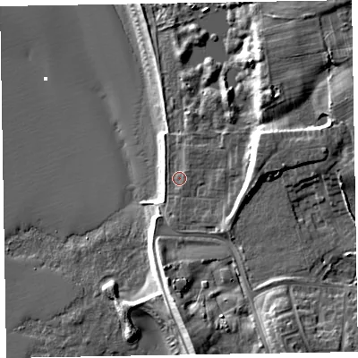 Shaded relief map of the ground around LA143XZ, computed from Environment Agency LiDAR. The ground here sits at about 7 m above sea level and falls 17 m across the surrounding 800 m. Surface water reaching this point runs off ground lying to the north-north-east, 1.3 m higher.