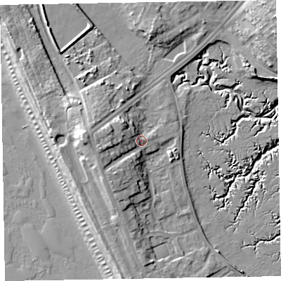 Shaded relief map of the ground around LA143YA, computed from Environment Agency LiDAR. The ground here sits at about 8 m above sea level and falls 16 m across the surrounding 800 m. Surface water reaching this point runs off ground lying to the west-south-west, 6.7 m higher.