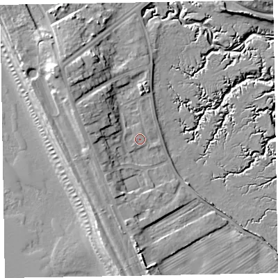 Shaded relief map of the ground around LA143YD, computed from Environment Agency LiDAR. The ground here sits at about 7 m above sea level and falls 16 m across the surrounding 800 m. Surface water reaching this point runs off ground lying to the west, 0.8 m higher.