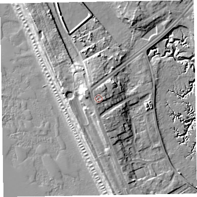 Shaded relief map of the ground around LA143YE, computed from Environment Agency LiDAR. The ground here sits at about 13 m above sea level and falls 17 m across the surrounding 800 m. Surface water reaching this point runs off ground lying to the south, 1.0 m higher.