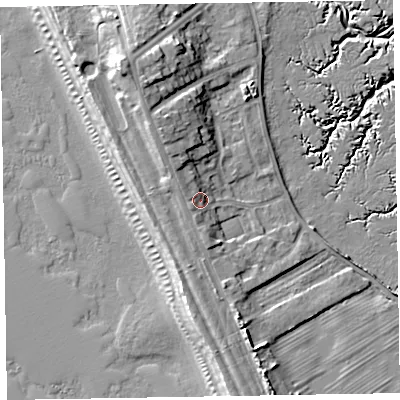Shaded relief map of the ground around LA143YF, computed from Environment Agency LiDAR. The ground here sits at about 9 m above sea level and falls 17 m across the surrounding 800 m. Surface water reaching this point runs off ground lying to the north-west, 2.9 m higher.