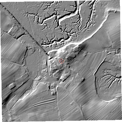 Shaded relief map of the ground around LA143YG, computed from Environment Agency LiDAR. The ground here sits at about 9 m above sea level and falls 9 m across the surrounding 800 m. Surface water reaching this point runs off ground lying to the east-north-east, 1.7 m higher.