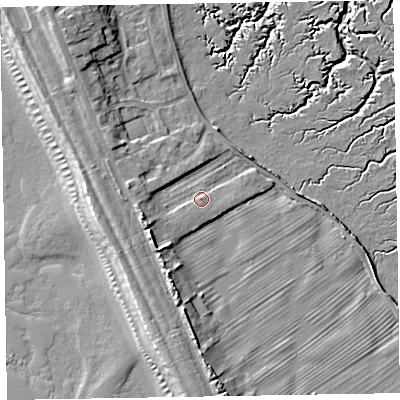 Shaded relief map of the ground around LA143YH, computed from Environment Agency LiDAR. The ground here sits at about 6 m above sea level and falls 14 m across the surrounding 800 m. Surface water reaching this point runs off ground lying to the west-south-west, 4.3 m higher.