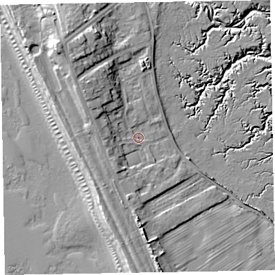 Shaded relief map of the ground around LA143YL, computed from Environment Agency LiDAR. The ground here sits at about 6 m above sea level and falls 16 m across the surrounding 800 m. Surface water reaching this point runs off ground lying to the west-north-west, 3.9 m higher.