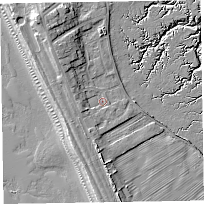 Shaded relief map of the ground around LA143YN, computed from Environment Agency LiDAR. The ground here sits at about 7 m above sea level and falls 16 m across the surrounding 800 m. Surface water reaching this point runs off ground lying to the west-north-west, 3.9 m higher.
