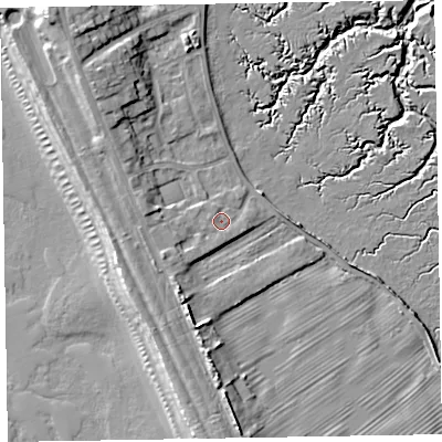 Shaded relief map of the ground around LA143YP, computed from Environment Agency LiDAR. The ground here sits at about 7 m above sea level and falls 16 m across the surrounding 800 m. Surface water reaching this point runs off ground lying to the west-south-west, 2.5 m higher.