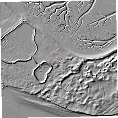 Shaded relief map of the ground around LA143YQ, computed from Environment Agency LiDAR. The ground here sits at about 8 m above sea level and falls 12 m across the surrounding 800 m. Surface water reaching this point runs off ground lying to the west-south-west, 4.4 m higher.