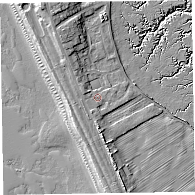 Shaded relief map of the ground around LA143YU, computed from Environment Agency LiDAR. The ground here sits at about 8 m above sea level and falls 17 m across the surrounding 800 m. Surface water reaching this point runs off ground lying to the north-west, 3.3 m higher.