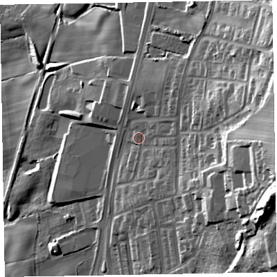 Shaded relief map of the ground around LA144BB, computed from Environment Agency LiDAR. The ground here sits at about 24 m above sea level and falls 49 m across the surrounding 800 m. Surface water reaching this point runs off ground lying to the east, 27.0 m higher.