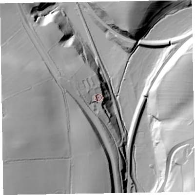Shaded relief map of the ground around LA144PY, computed from Environment Agency LiDAR. The ground here sits at about 41 m above sea level and falls 58 m across the surrounding 800 m. Surface water reaching this point runs off ground lying to the west-north-west, 10.5 m higher.