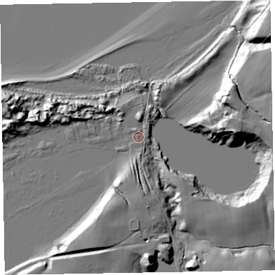 Shaded relief map of the ground around LA144QJ, computed from Environment Agency LiDAR. The ground here sits at about 9 m above sea level and falls 25 m across the surrounding 800 m. Surface water reaching this point runs off ground lying to the north, 4.5 m higher.