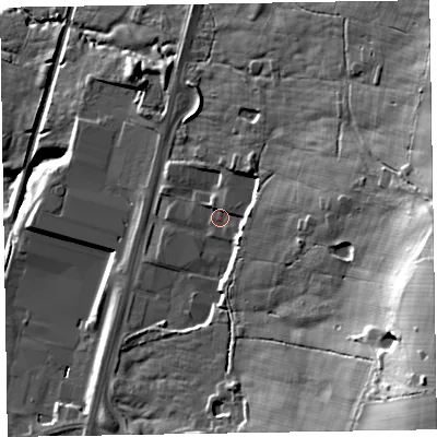 Shaded relief map of the ground around LA144QT, computed from Environment Agency LiDAR. The ground here sits at about 29 m above sea level and falls 57 m across the surrounding 800 m. Surface water reaching this point runs off ground lying to the east, 15.9 m higher.