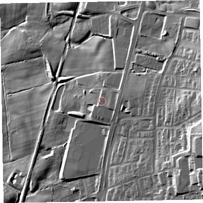 Shaded relief map of the ground around LA144TL, computed from Environment Agency LiDAR. The ground here sits at about 23 m above sea level and falls 37 m across the surrounding 800 m. Surface water reaching this point runs off ground lying to the east-north-east, 4.0 m higher.