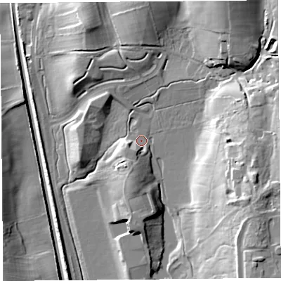 Shaded relief map of the ground around LA14AT, computed from Environment Agency LiDAR. The ground here sits at about 42 m above sea level and falls 28 m across the surrounding 800 m. Surface water reaching this point runs off ground lying to the south-south-west, 4.6 m higher.