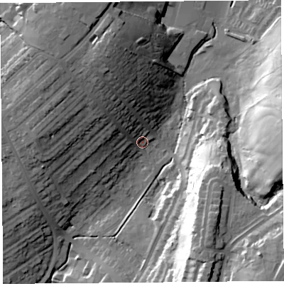 Shaded relief map of the ground around LA14AY, computed from Environment Agency LiDAR. The ground here sits at about 60 m above sea level and falls 42 m across the surrounding 800 m. Surface water reaching this point runs off ground lying to the north-north-west, 23.9 m higher.