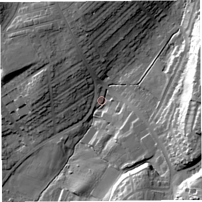 Shaded relief map of the ground around LA14DZ, computed from Environment Agency LiDAR. The ground here sits at about 53 m above sea level and falls 42 m across the surrounding 800 m. Surface water reaching this point runs off ground lying to the east-north-east, 34.9 m higher.