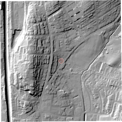 Shaded relief map of the ground around LA14EL, computed from Environment Agency LiDAR. The ground here sits at about 46 m above sea level and falls 31 m across the surrounding 800 m. Surface water reaching this point runs off ground lying to the north-north-east, 19.5 m higher.