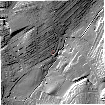 Shaded relief map of the ground around LA14ER, computed from Environment Agency LiDAR. The ground here sits at about 54 m above sea level and falls 36 m across the surrounding 800 m. Surface water reaching this point runs off ground lying to the north-west, 8.0 m higher.