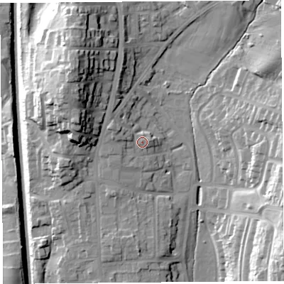 Shaded relief map of the ground around LA14EW, computed from Environment Agency LiDAR. The ground here sits at about 48 m above sea level and falls 34 m across the surrounding 800 m. Surface water reaching this point runs off ground lying to the west-north-west, 2.9 m higher.