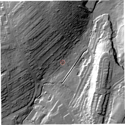 Shaded relief map of the ground around LA14HP, computed from Environment Agency LiDAR. The ground here sits at about 57 m above sea level and falls 43 m across the surrounding 800 m. Surface water reaching this point runs off ground lying to the north, 25.0 m higher.