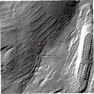 Shaded relief map of the ground around LA14HR, computed from Environment Agency LiDAR. The ground here sits at about 56 m above sea level and falls 41 m across the surrounding 800 m. Surface water reaching this point runs off ground lying to the east-north-east, 28.6 m higher.