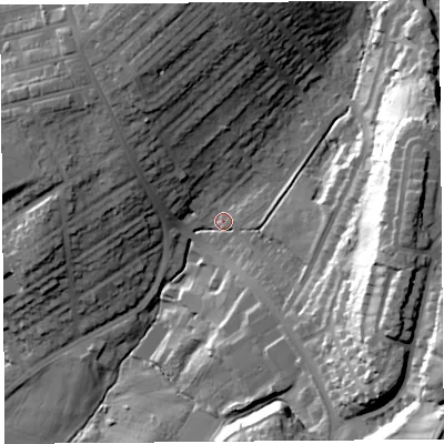 Shaded relief map of the ground around LA14HS, computed from Environment Agency LiDAR. The ground here sits at about 56 m above sea level and falls 43 m across the surrounding 800 m. Surface water reaching this point runs off ground lying to the east-north-east, 29.3 m higher.