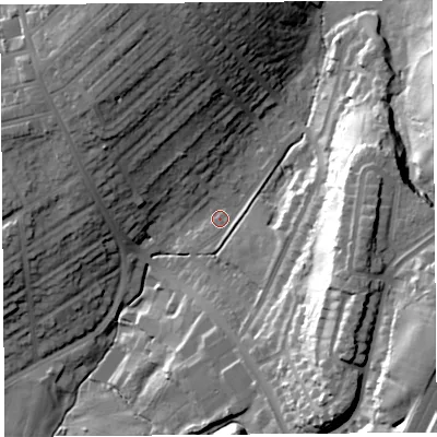 Shaded relief map of the ground around LA14HW, computed from Environment Agency LiDAR. The ground here sits at about 56 m above sea level and falls 44 m across the surrounding 800 m. Surface water reaching this point runs off ground lying to the east-north-east, 28.4 m higher.