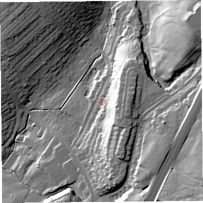 Shaded relief map of the ground around LA14HX, computed from Environment Agency LiDAR. The ground here sits at about 64 m above sea level and falls 53 m across the surrounding 800 m. Surface water reaching this point runs off ground lying to the east, 24.0 m higher.