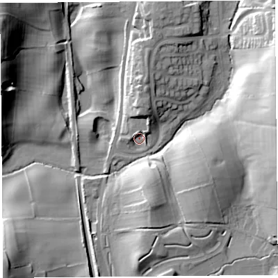 Shaded relief map of the ground around LA14JL, computed from Environment Agency LiDAR. The ground here sits at about 37 m above sea level and falls 30 m across the surrounding 800 m. Surface water reaching this point runs off ground lying to the north, 9.4 m higher.
