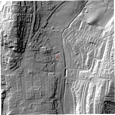 Shaded relief map of the ground around LA14JR, computed from Environment Agency LiDAR. The ground here sits at about 44 m above sea level and falls 37 m across the surrounding 800 m. Surface water reaching this point runs off ground lying to the north-north-west, 9.8 m higher.