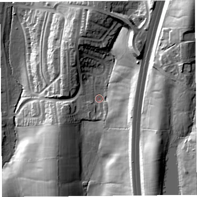 Shaded relief map of the ground around LA14JZ, computed from Environment Agency LiDAR. The ground here sits at about 58 m above sea level and falls 64 m across the surrounding 800 m. Surface water reaching this point runs off ground lying to the north-east, 43.7 m higher.