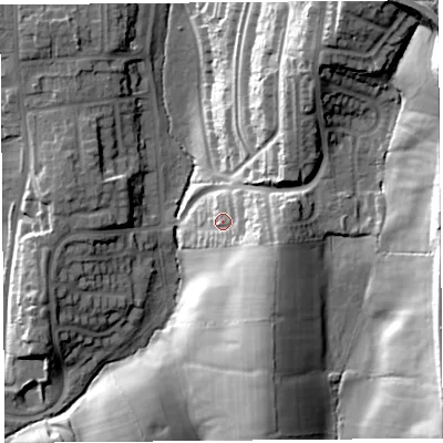 Shaded relief map of the ground around LA14LD, computed from Environment Agency LiDAR. The ground here sits at about 50 m above sea level and falls 43 m across the surrounding 800 m. Surface water reaching this point runs off ground lying to the east-south-east, 13.9 m higher.