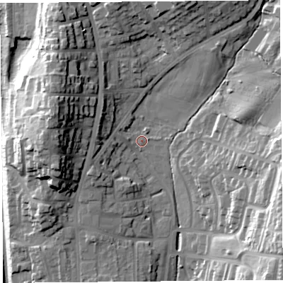 Shaded relief map of the ground around LA14NJ, computed from Environment Agency LiDAR. The ground here sits at about 45 m above sea level and falls 36 m across the surrounding 800 m. Surface water reaching this point runs off ground lying to the west-north-west, 21.3 m higher.