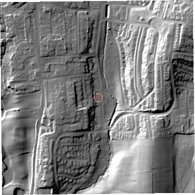 Shaded relief map of the ground around LA14PB, computed from Environment Agency LiDAR. The ground here sits at about 41 m above sea level and falls 43 m across the surrounding 800 m. Surface water reaching this point runs off ground lying to the west-south-west, 8.1 m higher.