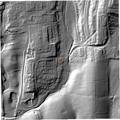 Shaded relief map of the ground around LA14PD, computed from Environment Agency LiDAR. The ground here sits at about 41 m above sea level and falls 41 m across the surrounding 800 m. Surface water reaching this point runs off ground lying to the west-north-west, 8.3 m higher.