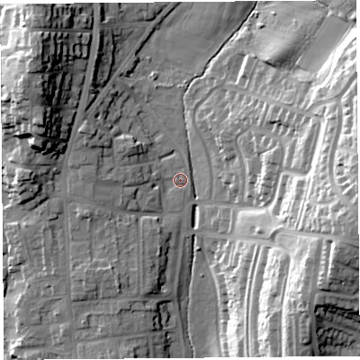 Shaded relief map of the ground around LA14RH, computed from Environment Agency LiDAR. The ground here sits at about 44 m above sea level and falls 37 m across the surrounding 800 m. Surface water reaching this point runs off ground lying to the north-north-west, 9.8 m higher.