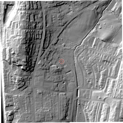 Shaded relief map of the ground around LA14RJ, computed from Environment Agency LiDAR. The ground here sits at about 44 m above sea level and falls 36 m across the surrounding 800 m. Surface water reaching this point runs off ground lying to the north-west, 21.4 m higher.