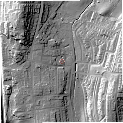 Shaded relief map of the ground around LA14RL, computed from Environment Agency LiDAR. The ground here sits at about 45 m above sea level and falls 37 m across the surrounding 800 m. Surface water reaching this point runs off ground lying to the west, 4.2 m higher.