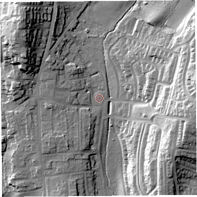 Shaded relief map of the ground around LA14RQ, computed from Environment Agency LiDAR. The ground here sits at about 44 m above sea level and falls 39 m across the surrounding 800 m. Surface water reaching this point runs off ground lying to the north-north-west, 9.8 m higher.