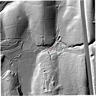 Shaded relief map of the ground around LA14XP, computed from Environment Agency LiDAR. The ground here sits at about 47 m above sea level and falls 53 m across the surrounding 800 m. Surface water reaching this point runs off ground lying to the east-south-east, 31.5 m higher.