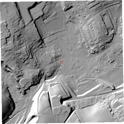 Shaded relief map of the ground around LA158AA, computed from Environment Agency LiDAR. The ground here sits at about 32 m above sea level and falls 44 m across the surrounding 800 m. Surface water reaching this point runs off ground lying to the west-north-west, 37.9 m higher.