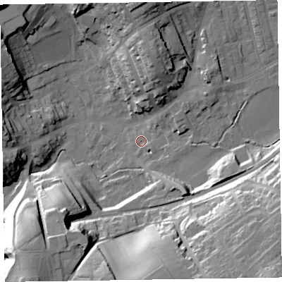 Shaded relief map of the ground around LA158AB, computed from Environment Agency LiDAR. The ground here sits at about 34 m above sea level and falls 38 m across the surrounding 800 m. Surface water reaching this point runs off ground lying to the south-east, 35.7 m higher.