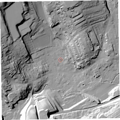 Shaded relief map of the ground around LA158AF, computed from Environment Agency LiDAR. The ground here sits at about 33 m above sea level and falls 44 m across the surrounding 800 m. Surface water reaching this point runs off ground lying to the west-south-west, 15.5 m higher.