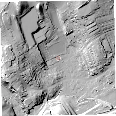 Shaded relief map of the ground around LA158AL, computed from Environment Agency LiDAR. The ground here sits at about 34 m above sea level and falls 52 m across the surrounding 800 m. Surface water reaching this point runs off ground lying to the north-west, 39.1 m higher.