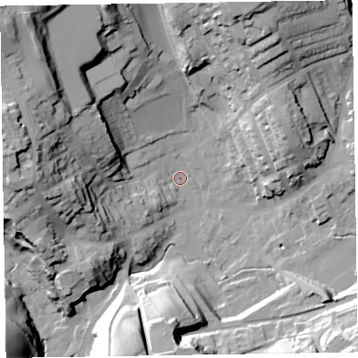 Shaded relief map of the ground around LA158AN, computed from Environment Agency LiDAR. The ground here sits at about 32 m above sea level and falls 44 m across the surrounding 800 m. Surface water reaching this point runs off ground lying to the west-south-west, 15.5 m higher.