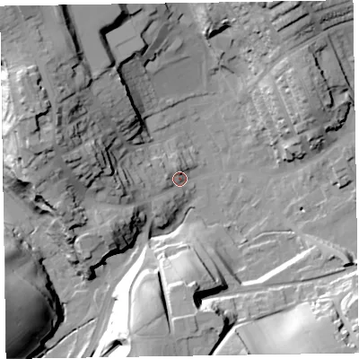 Shaded relief map of the ground around LA158AP, computed from Environment Agency LiDAR. The ground here sits at about 35 m above sea level and falls 44 m across the surrounding 800 m. Surface water reaching this point runs off ground lying to the west, 15.5 m higher.