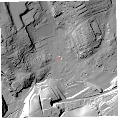 Shaded relief map of the ground around LA158AW, computed from Environment Agency LiDAR. The ground here sits at about 32 m above sea level and falls 42 m across the surrounding 800 m. Surface water reaching this point runs off ground lying to the west-north-west, 36.7 m higher.